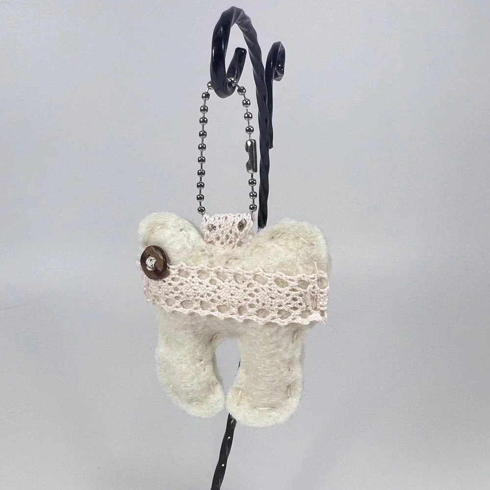 Hand Sewn Felt Tooth Keychain Lace Button Molar Dental Charm Bag Fob Off White